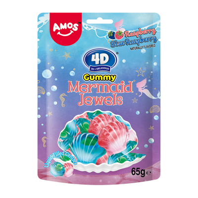 Желирани бонбони AMOS 4D Mermaid Jewels малина и синя малина 65гр