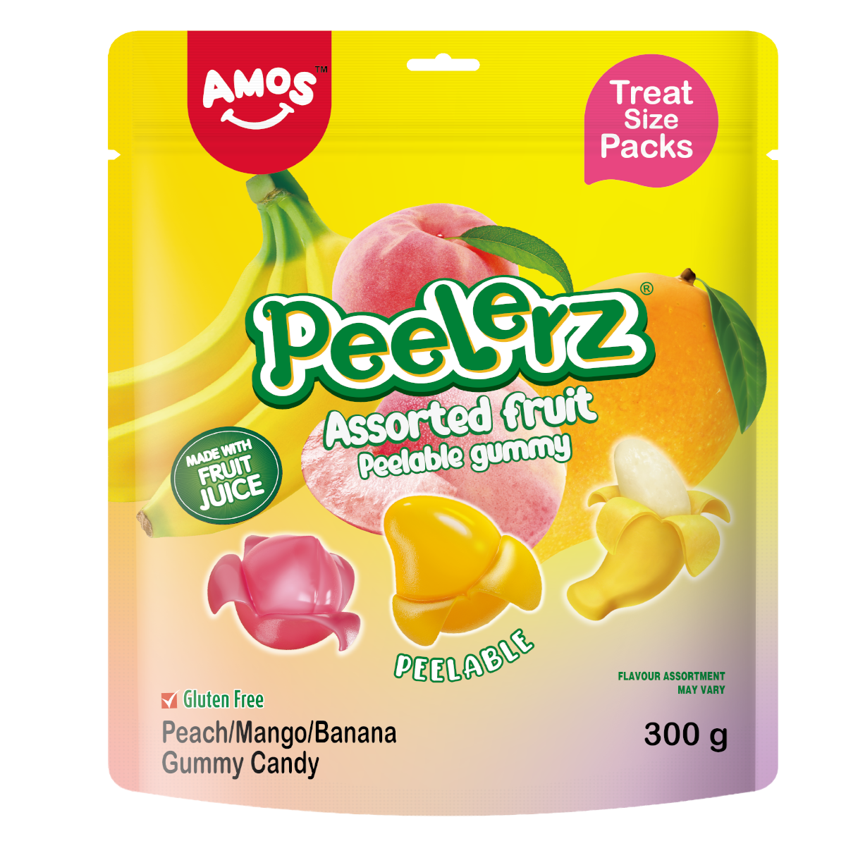 Желирани бонбони AMOS Peelerz Gummy Асорти праскова, манго, банан 300гр