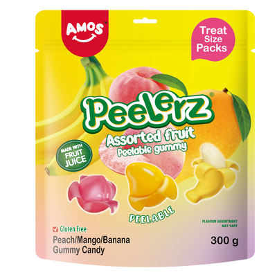 Желирани бонбони AMOS Peelerz Gummy Асорти праскова, манго, банан 300гр